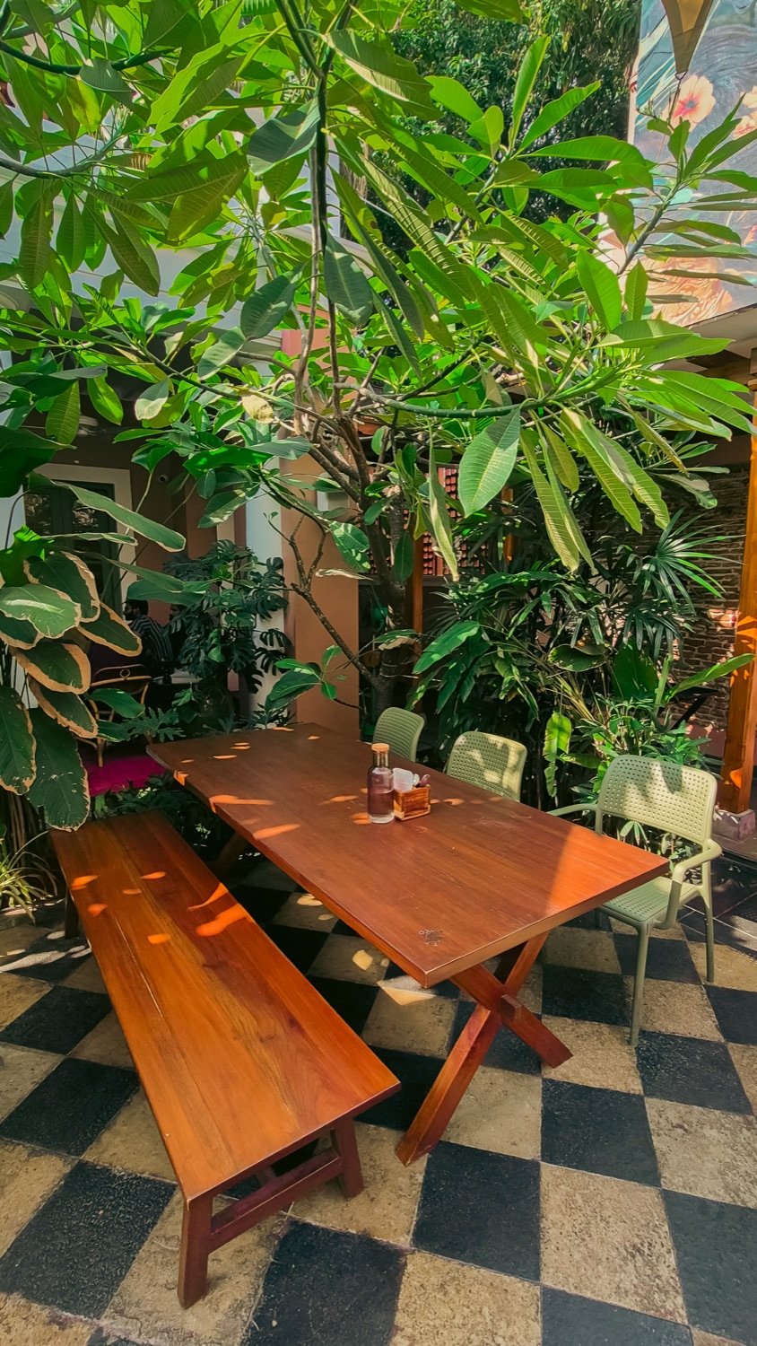 Timber dining table and bench among tropical plants