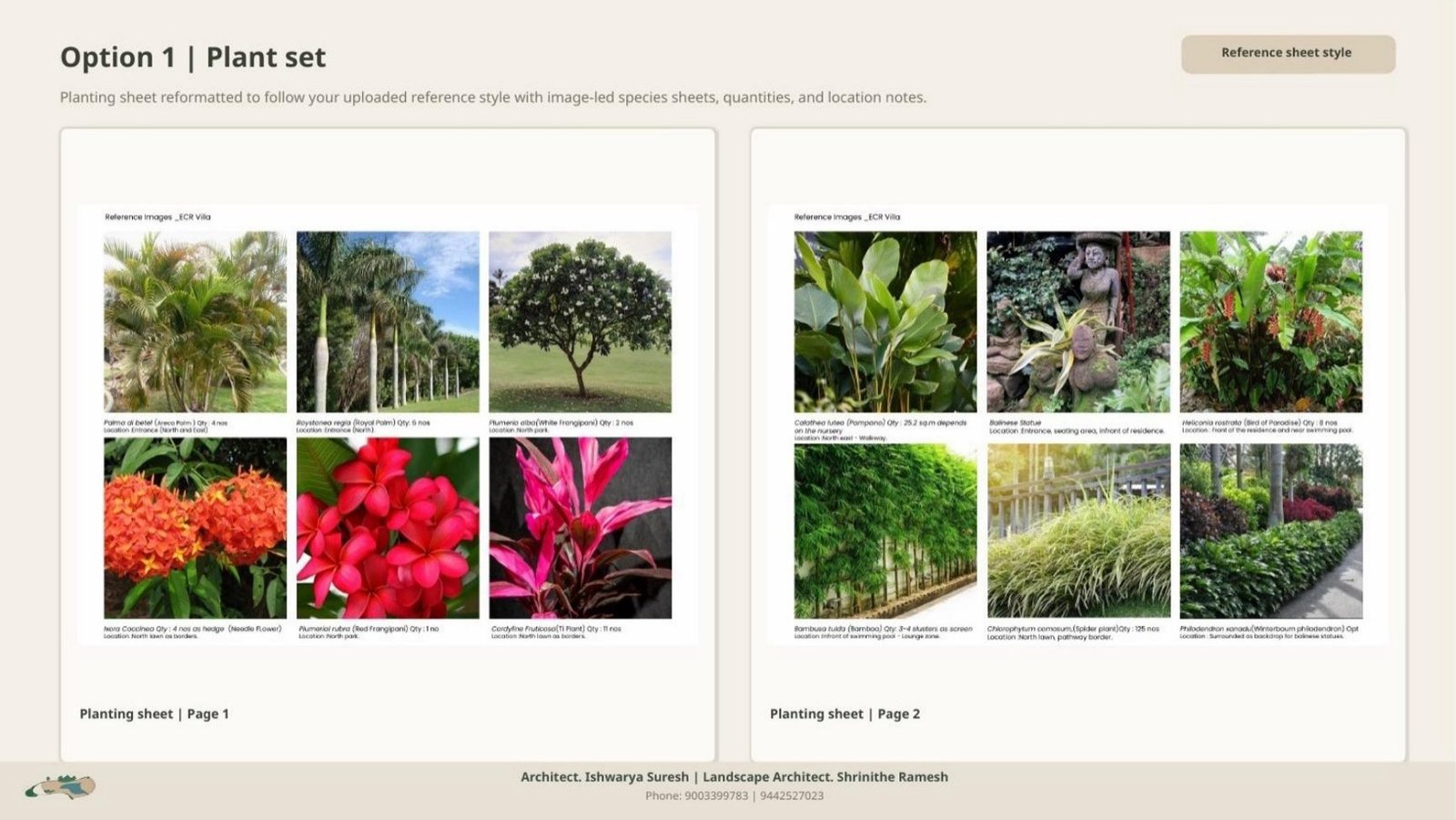 Planting sheet with species, quantities and locations