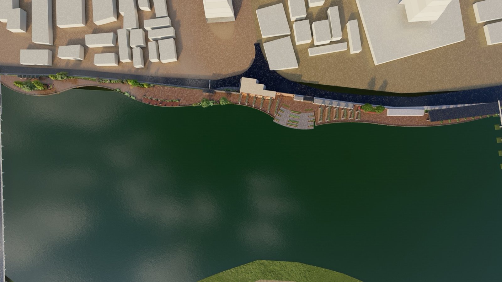 Aerial view along the bund showing the promenade, the bridge and the water