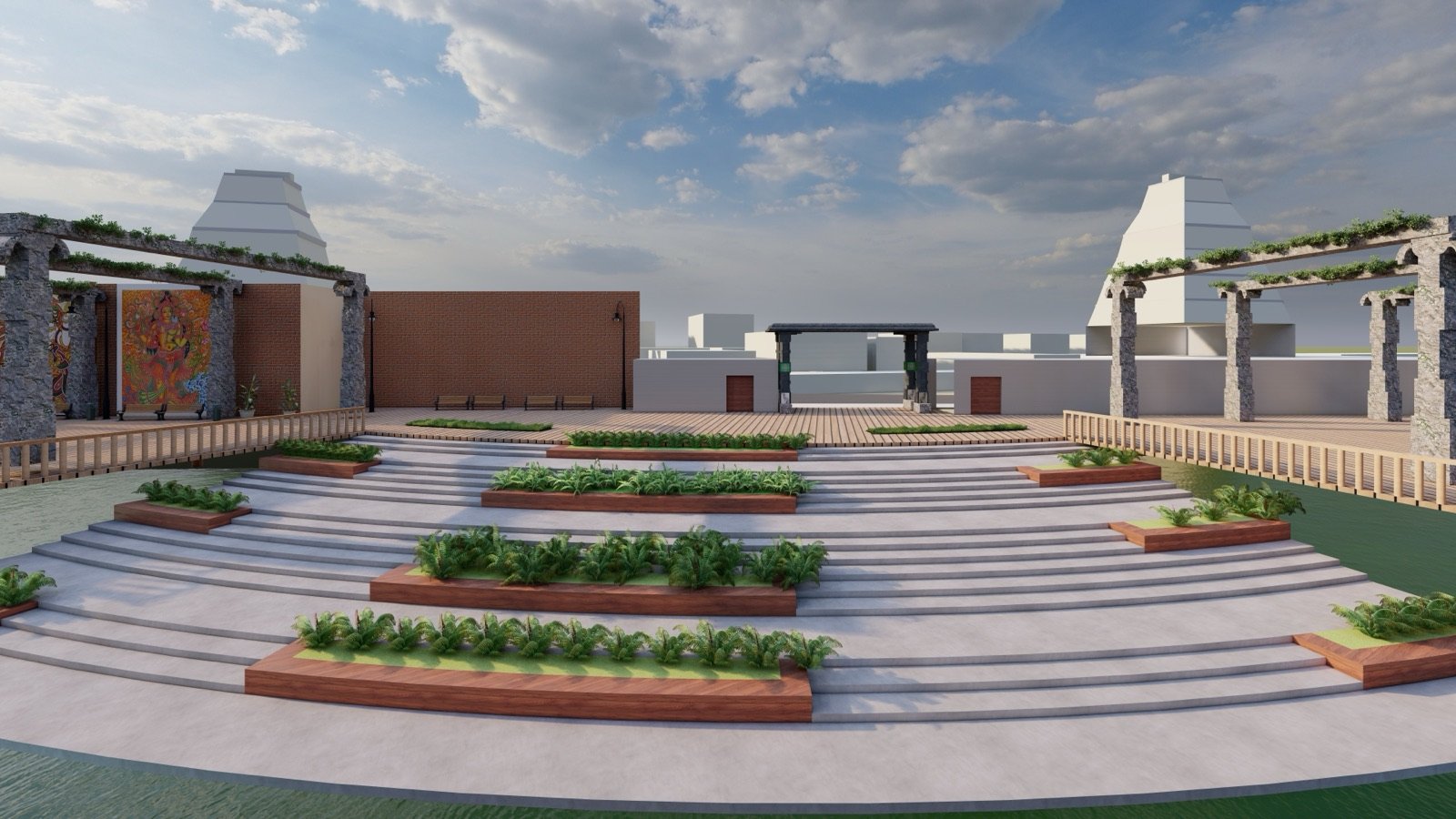 Open-air amphitheatre with stepped seating, planted terraces and pavilions