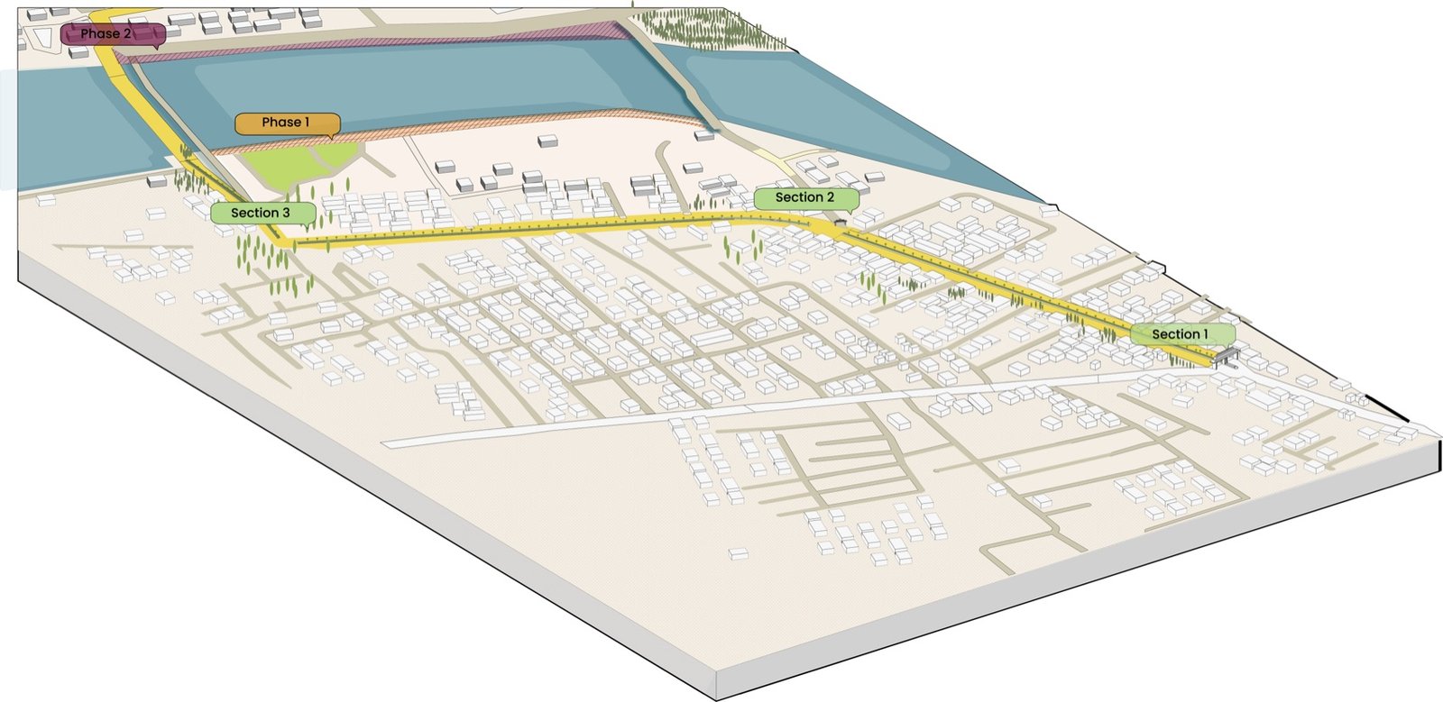 Axonometric site context drawing showing the town, its street grid and the river edge