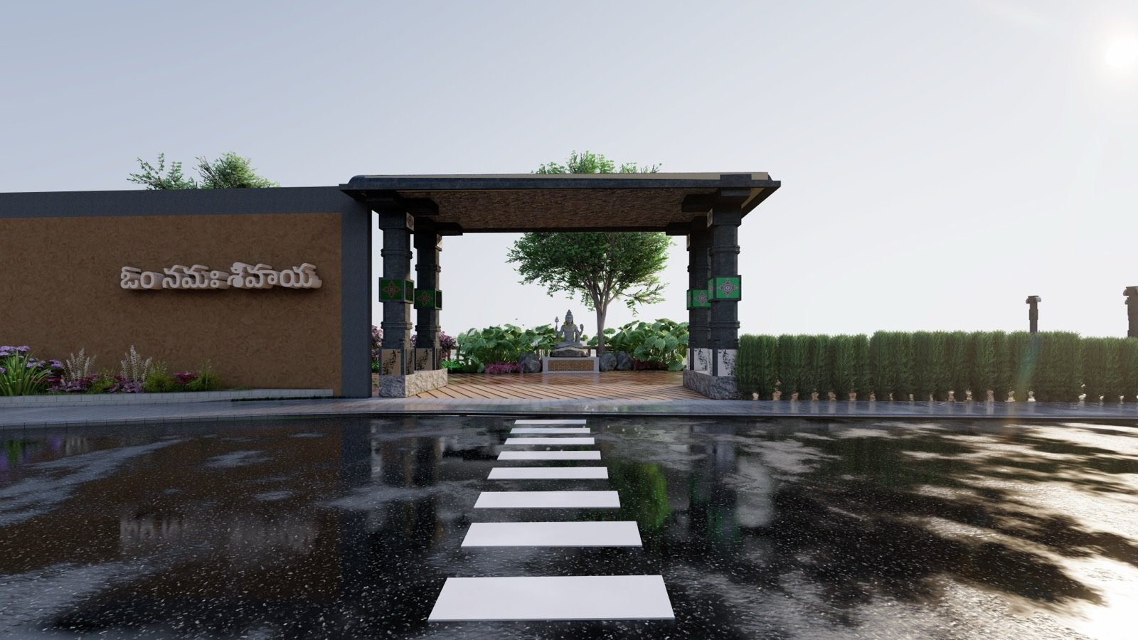 Gateway court with a stone pergola and stepping stones across a shallow water body