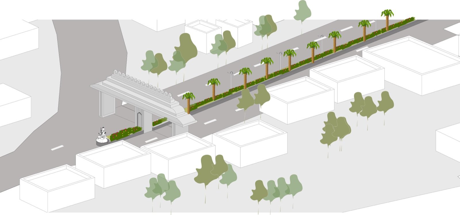 Axonometric of the street median development with palms and planted strips