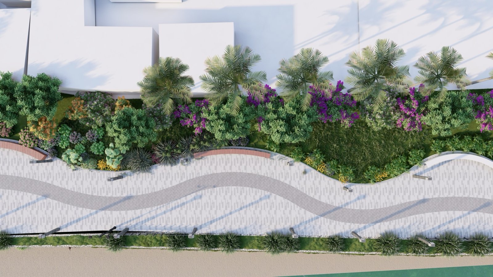 Aerial view of the planted promenade with its curved paving and flowering beds