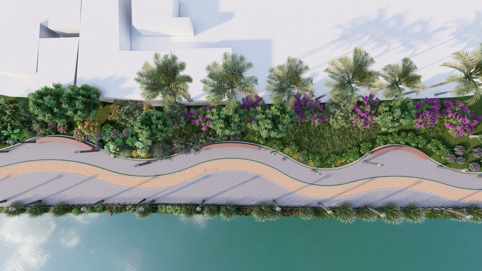Planting plan showing the curved walk and layered beds along the water