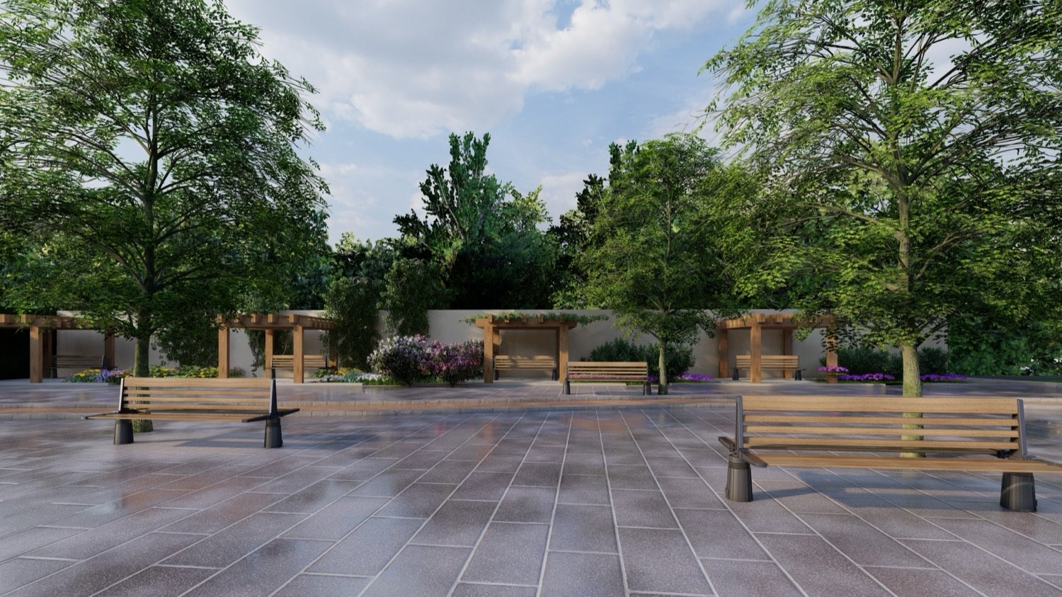 Paved plaza with timber benches beneath trees