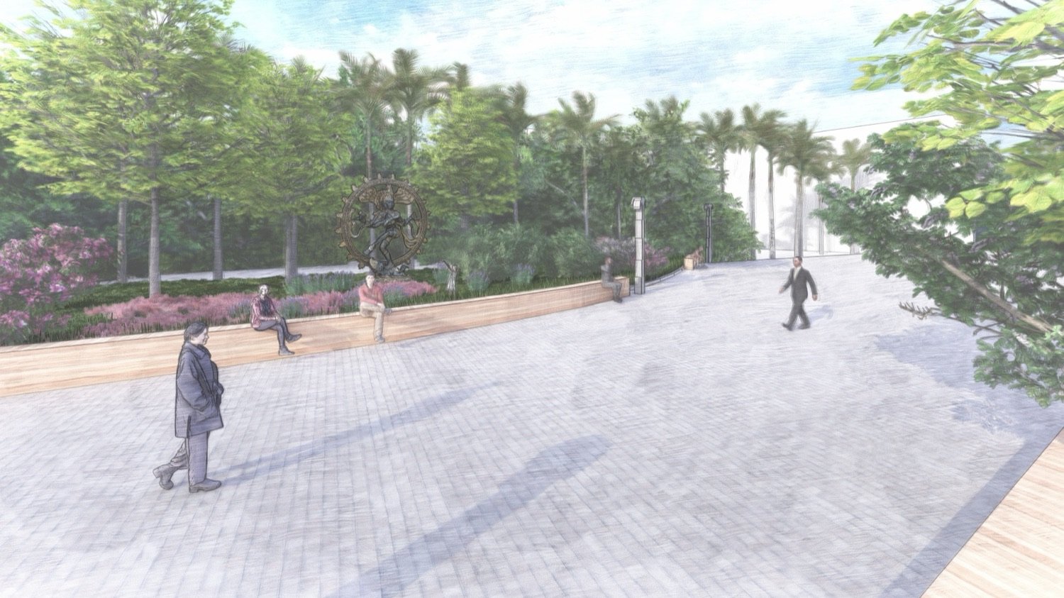 People walking the wide paved promenade beneath palms