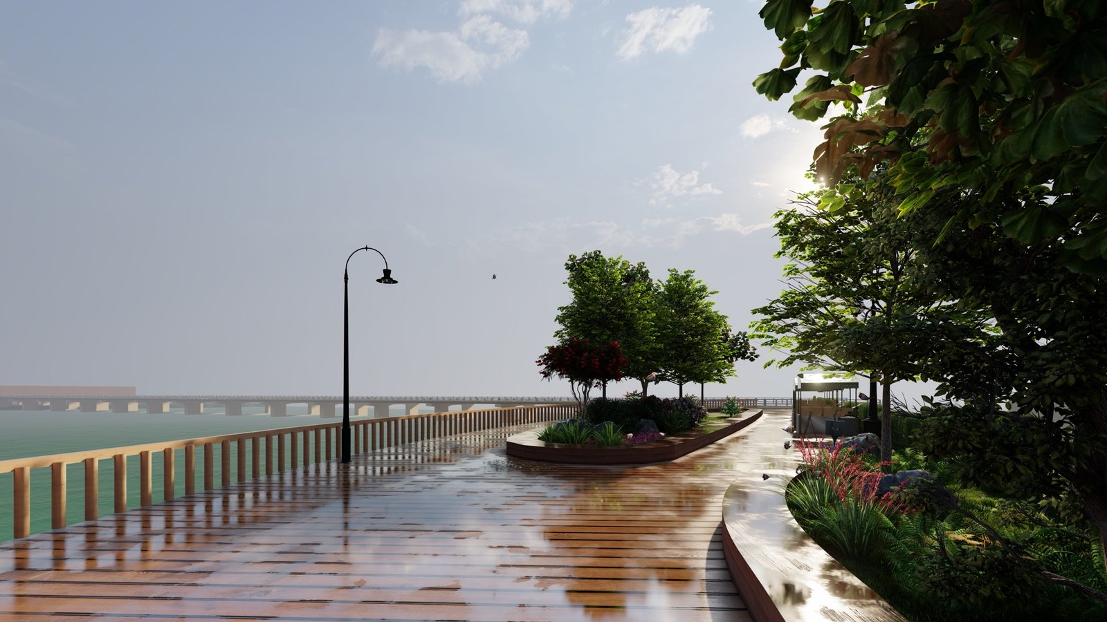 Rendered riverfront promenade at Sri Kalahasthi with timber decking, lamp posts and a planted island