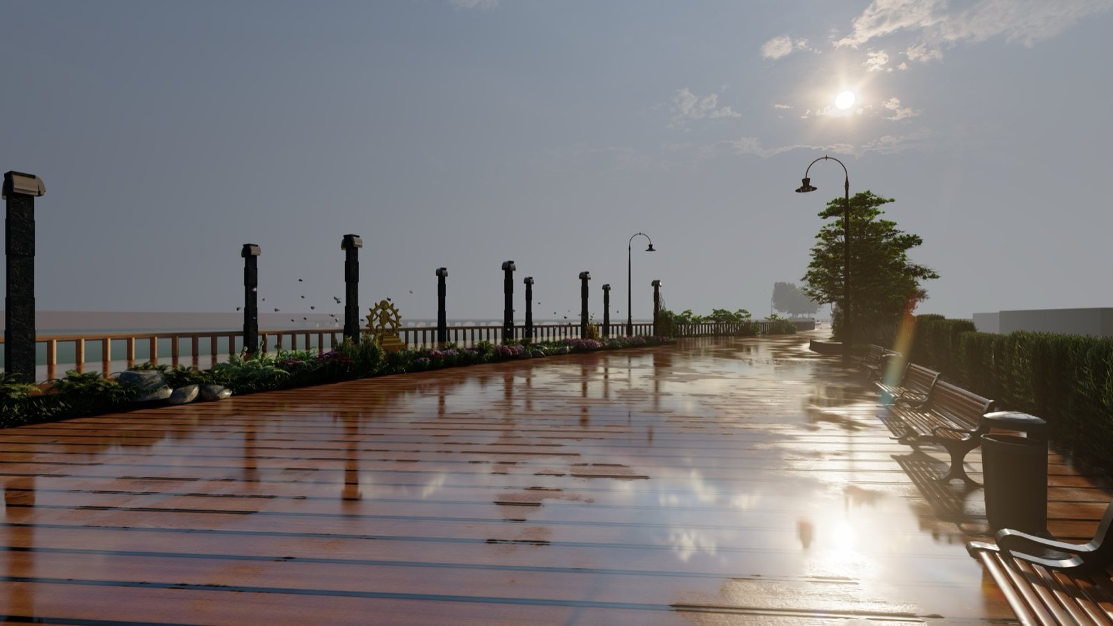 The promenade at low sun, wet timber deck reflecting light between lamp posts