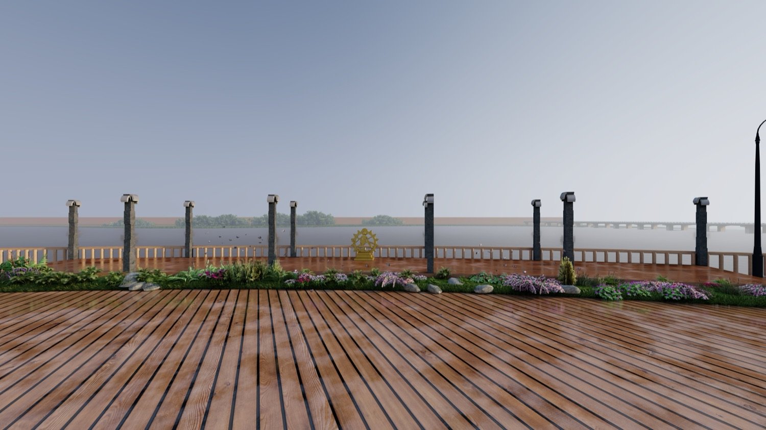 Wide timber deck with the balustrade and the distant bridge in haze