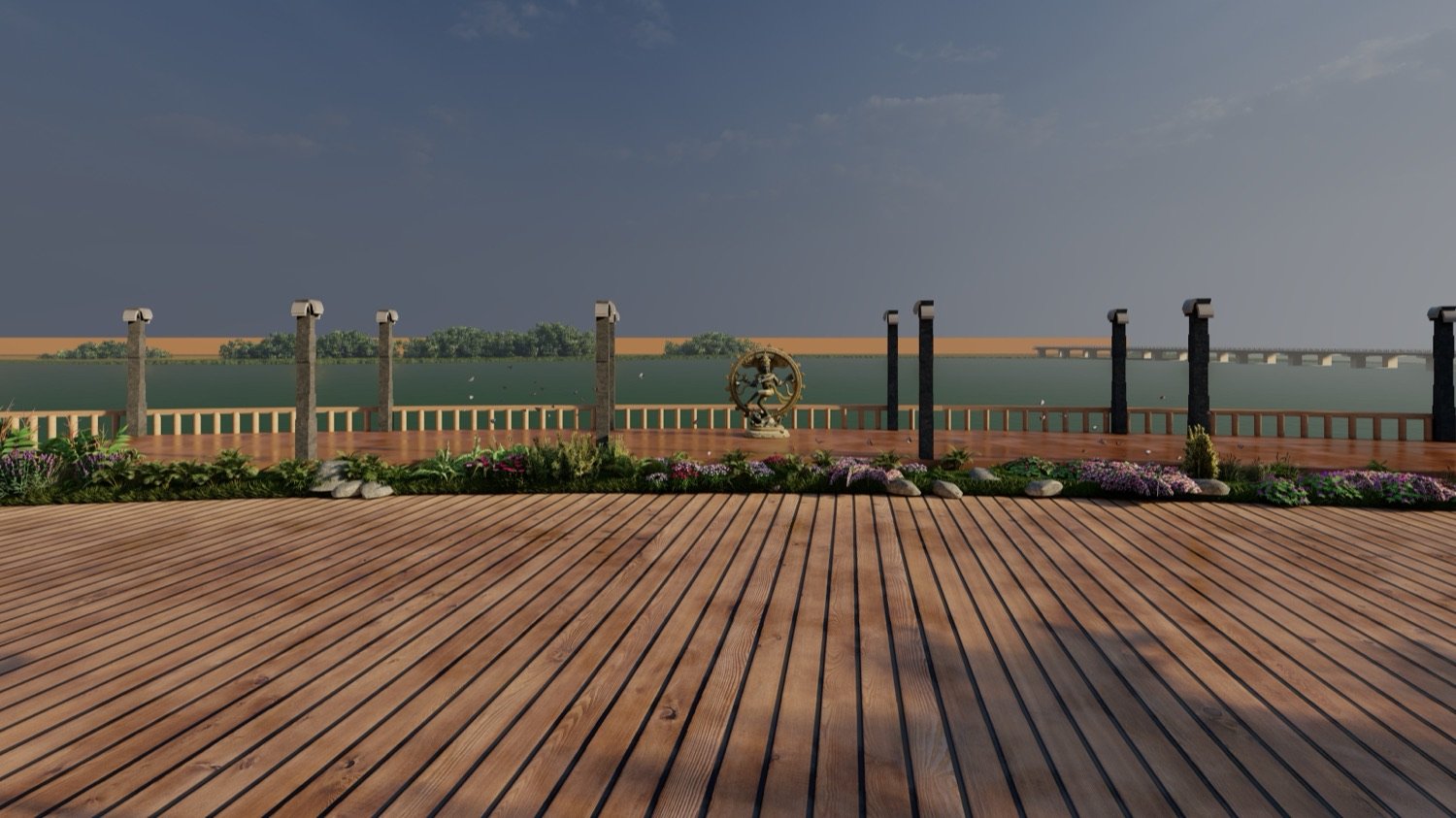 Deck with ornamental railing and a sculptural focal element at dusk