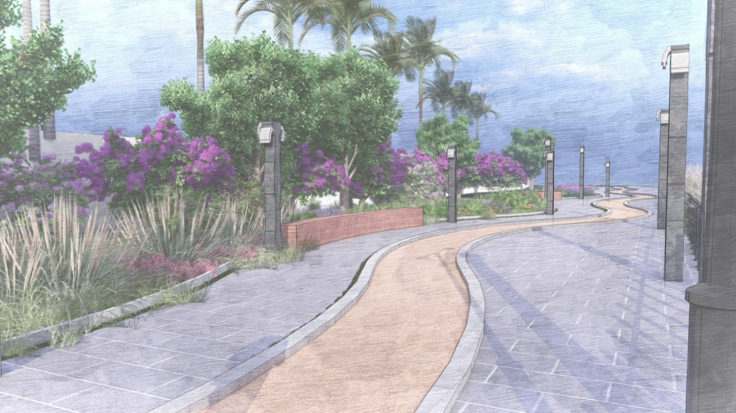 Street view with flowering trees, planted verge and a walkable edge leading to the river