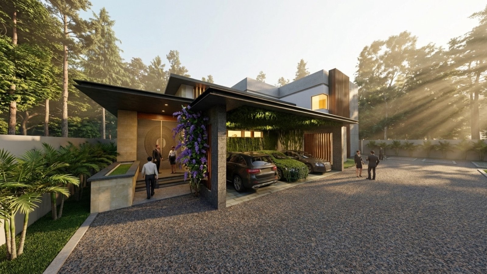 Render of the Navin Residence, a modern tropical villa entrance with green screen walls and palms