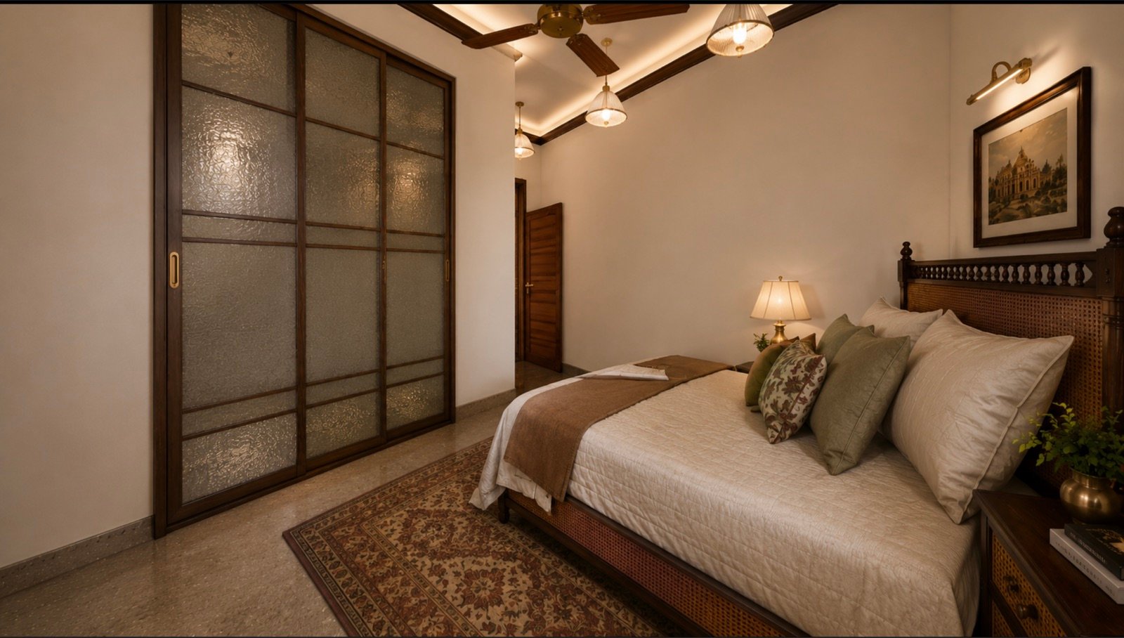 Bedroom with fluted glass wardrobe doors and a timber bed