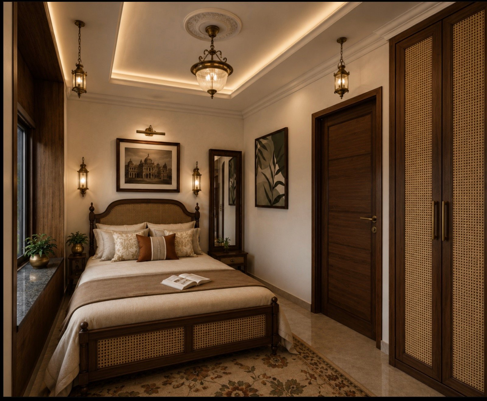 Bedroom with a carved timber bed, patterned floor and hanging lanterns