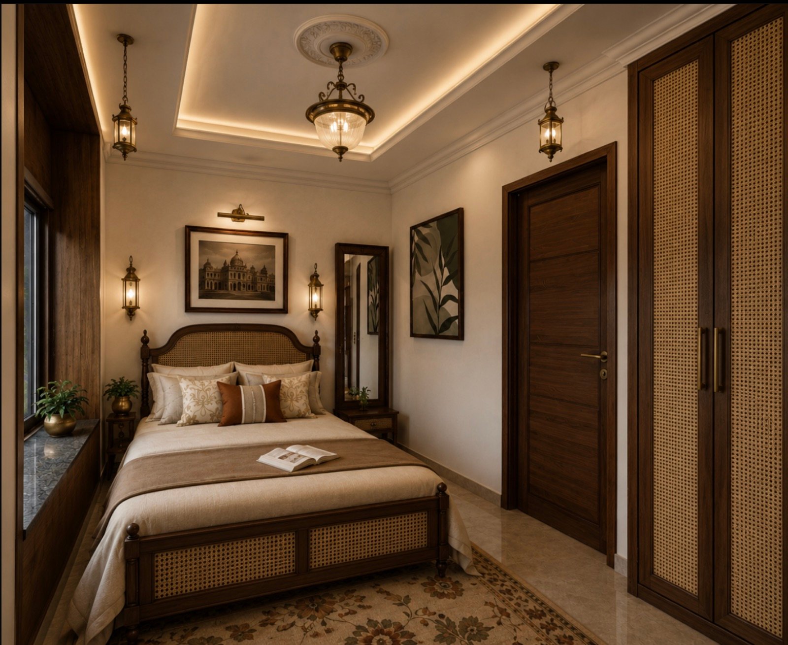 Bedroom with green cornice detail, timber doors and a cane headboard