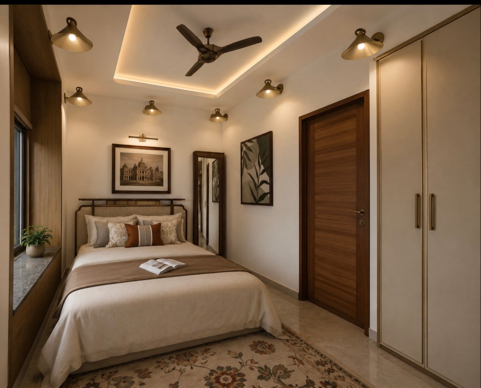 Compact bedroom with warm ceiling cove lighting and a timber wardrobe