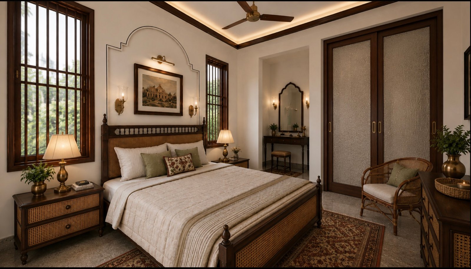 Bedroom with a woven cane bed, timber joinery, a bench at its foot and warm layered lighting