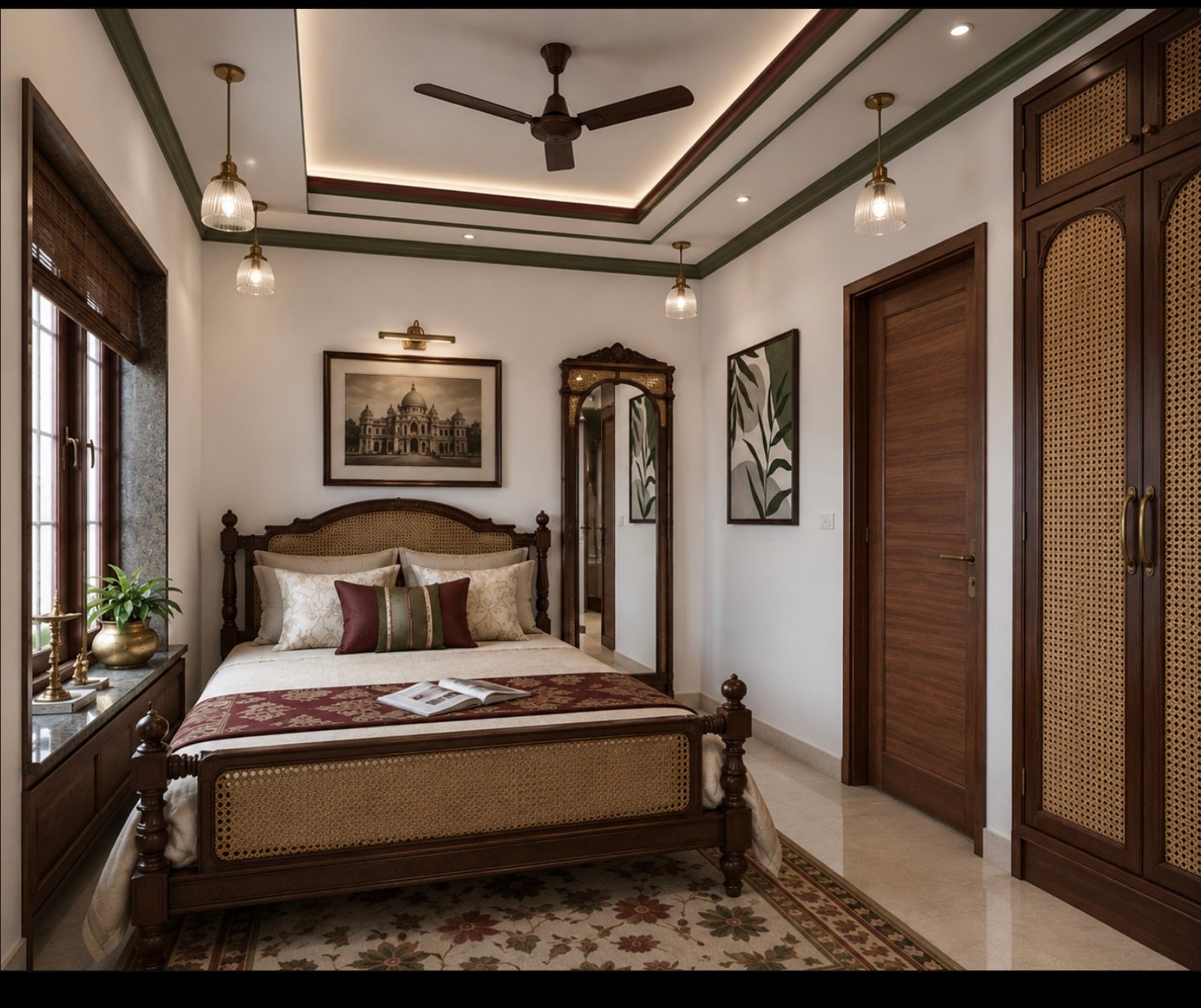 Bedroom with a dresser, mirror and layered warm lighting