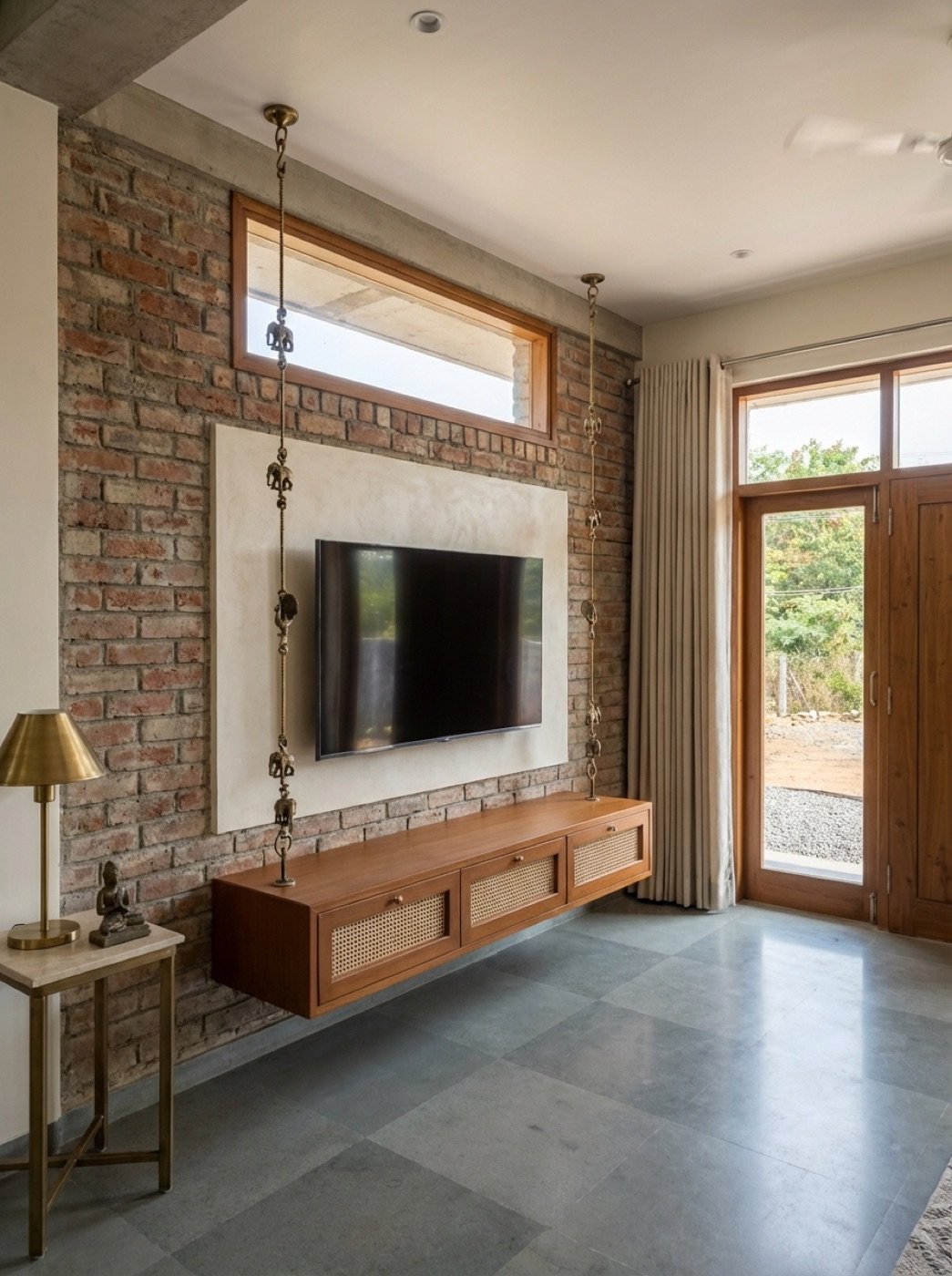 Living room with exposed brick feature wall, carved timber columns and a long timber console beneath the television
