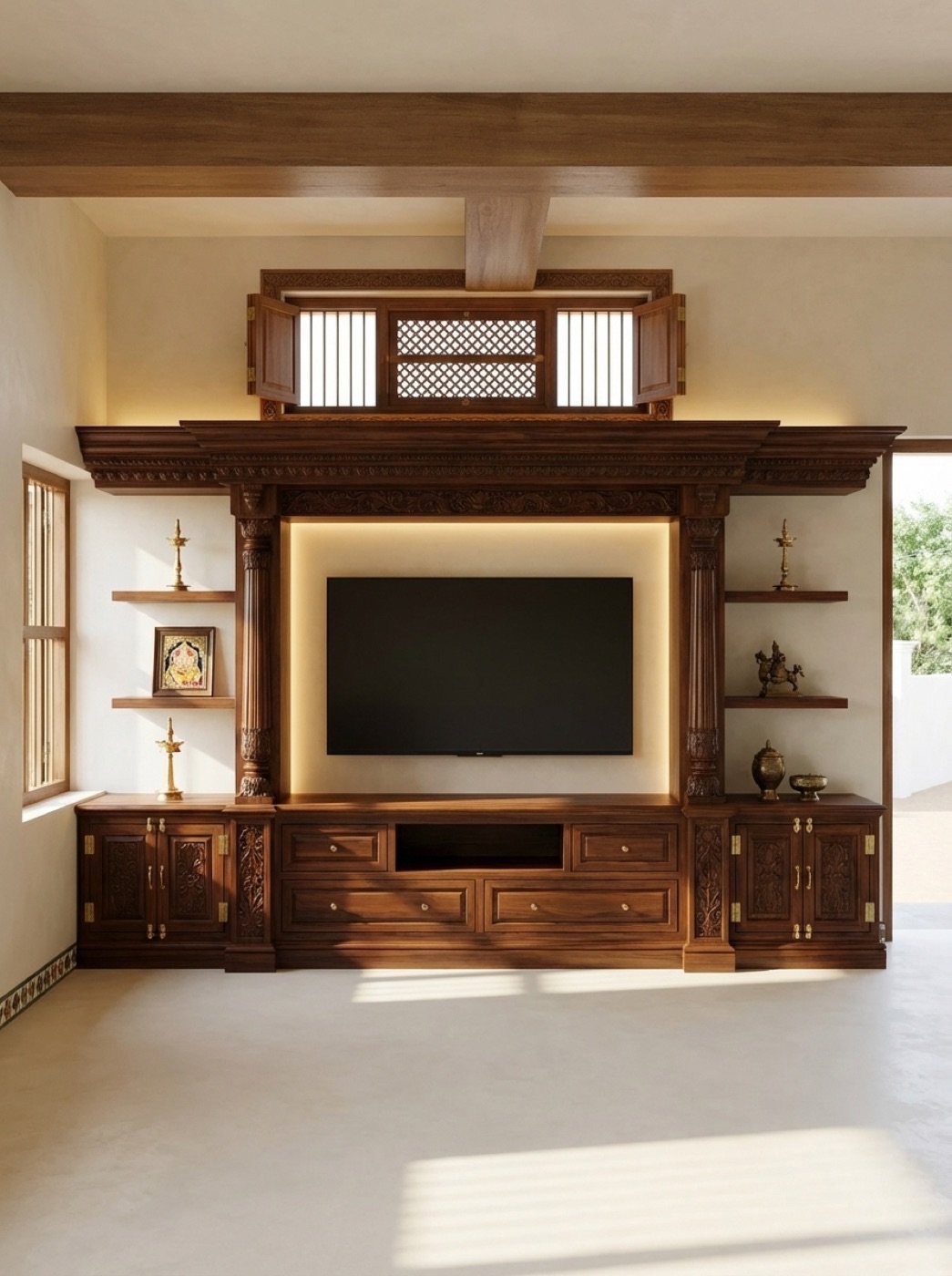 Traditional carved timber media unit with a shuttered upper panel